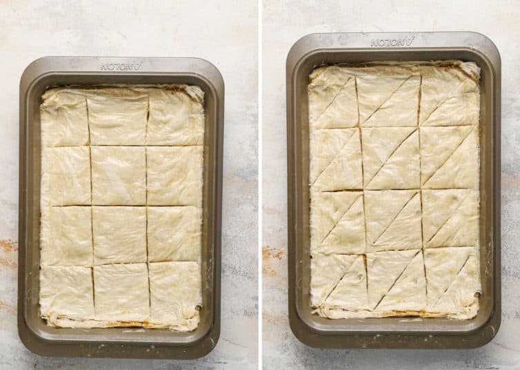 Side by side photos of baklava in a baking pan getting cut.