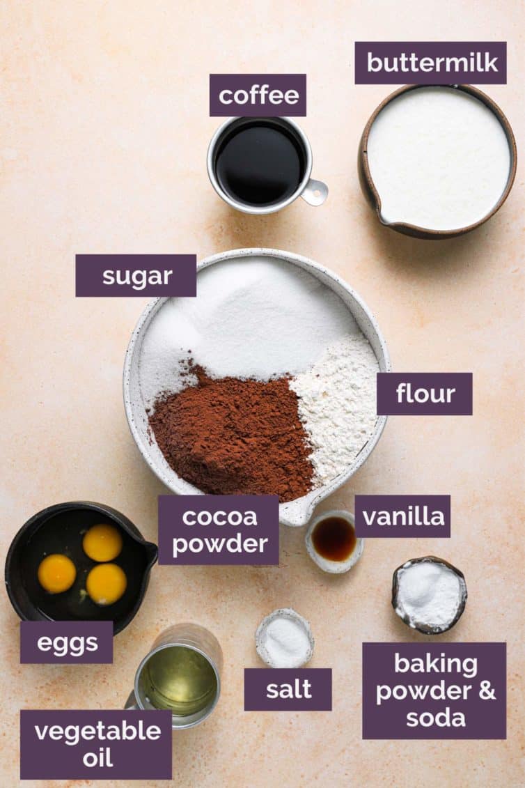 A top down photo of the ingredients for chocolate cake with purple labels.