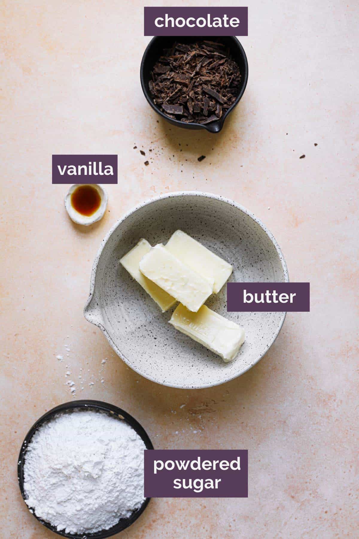 A top down photo of the ingredients for chocolate cake frosting with purple labels.