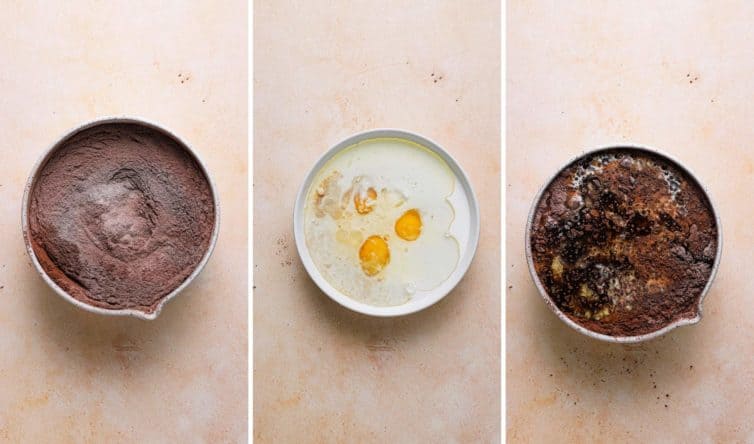 The dry ingredients for chocolate cake on the left, the wet ingredients in a bowl in the middle, and the chocolate cake batter in a bowl on the right.