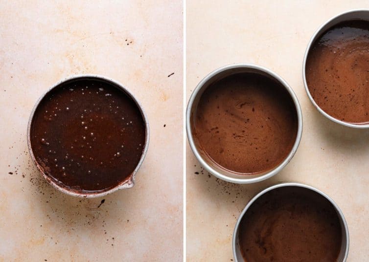 A bowl with chocolate cake batter on the left and three cake pans with batter on the right.