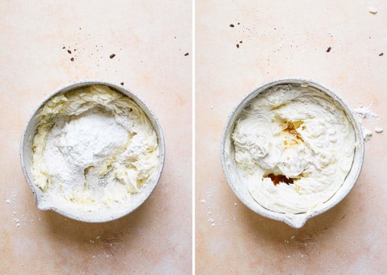 Two mixing bowls whipping the butter and adding in the sugar for the frosting.