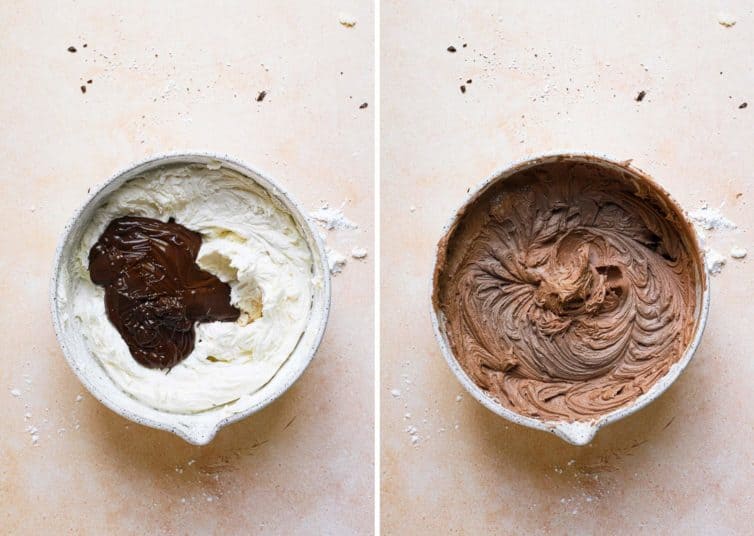 Two bowls side by side mixing up the chocolate icing.