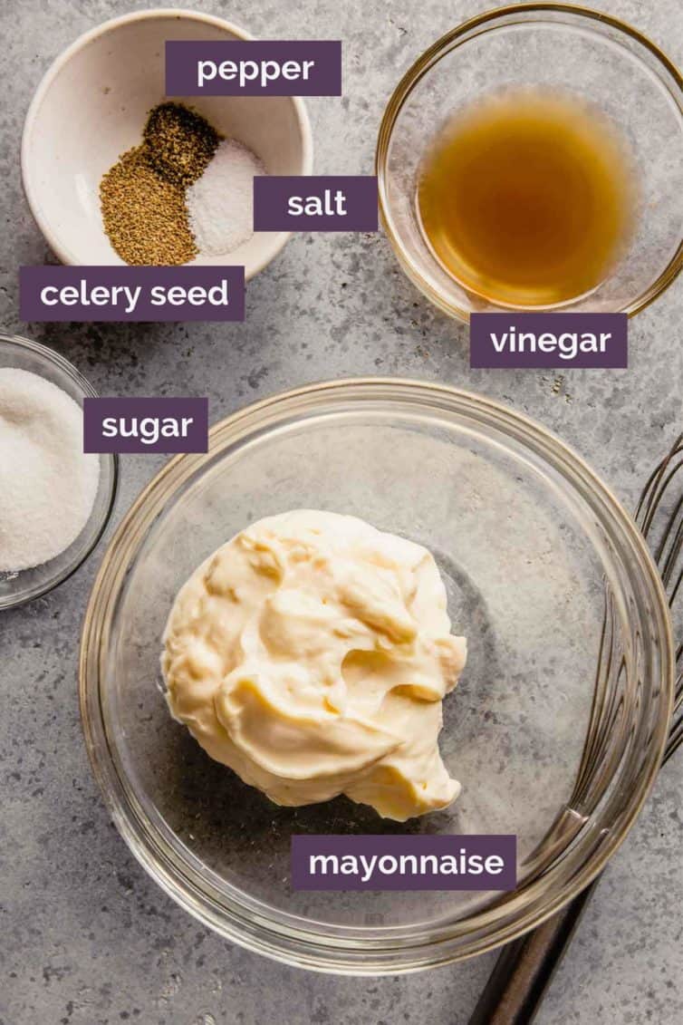 The ingredients for coleslaw with purple label saying what each ingredient is.