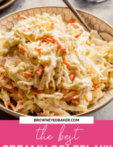 A white bowl of coleslaw with a silver spoon and a pink rectangle at the bottom that says the best creamy coleslaw in white.