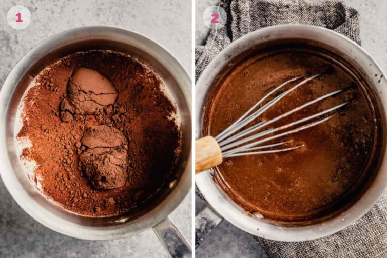 Two side by side photos of mixing the cocoa with the cream and melting the chopped chocolate into the sauce pan.