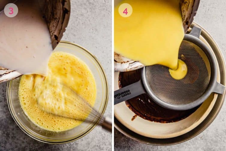 Side by side photos of tempering the eggs and straining into the chocolate mixture.