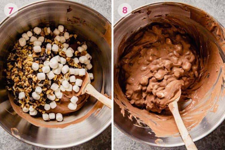 Side by side photos of mixing in the mix-ins and then finished rocky road ice cream.