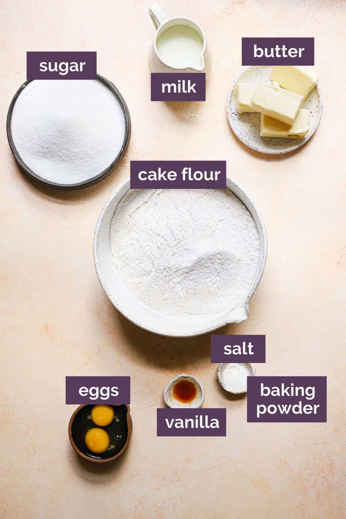 Ingredients for the cookies with purple labels for each ingredient.