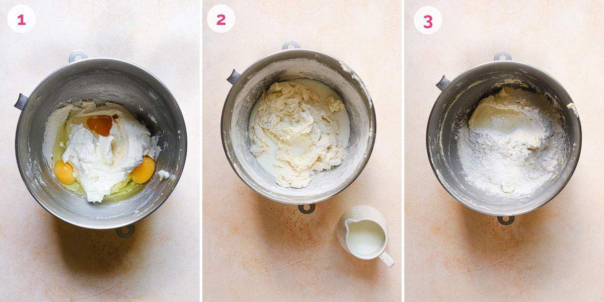 Three side by side photos showing the steps to make the cookie dough in a mixing bowl.