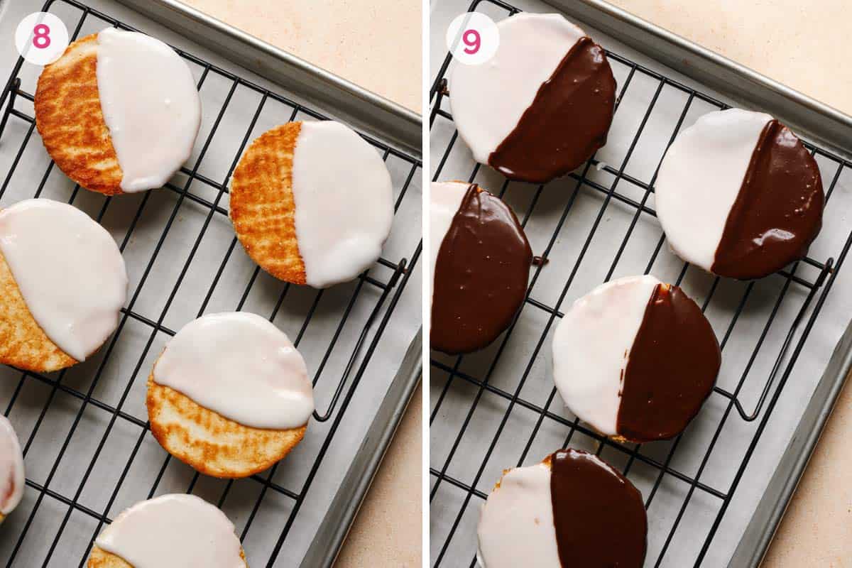 Two side by side photos of the steps for icing the black and white cookies.