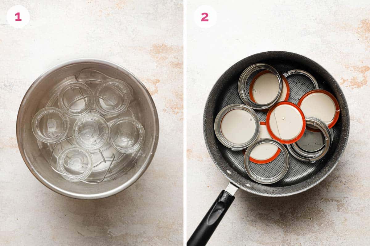 Side by side photos of preparing the jars for canning.