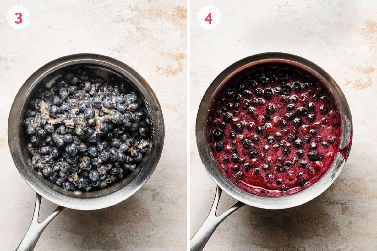 Side by side photos of cooking the blueberries to make the jam.