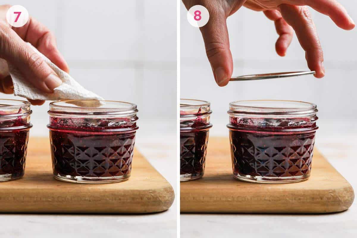 Side by side photos of how to clean and close the jars before canning.