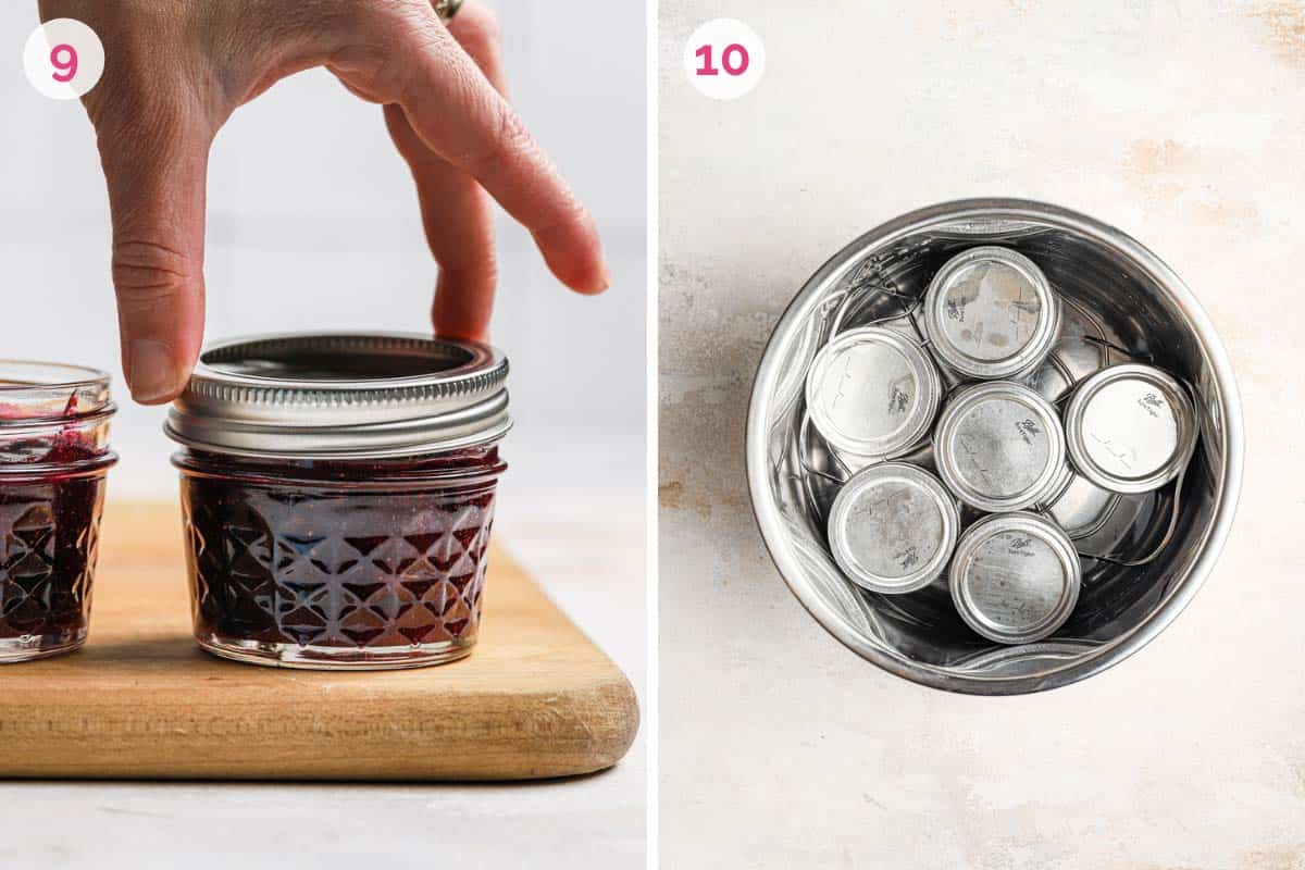 Side by side photos of closing the blueberry jam jar and canning them in a pot.