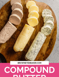 A wooden cutting board with three types of compound butter sliced with the words compound butter at the bottom in white.
