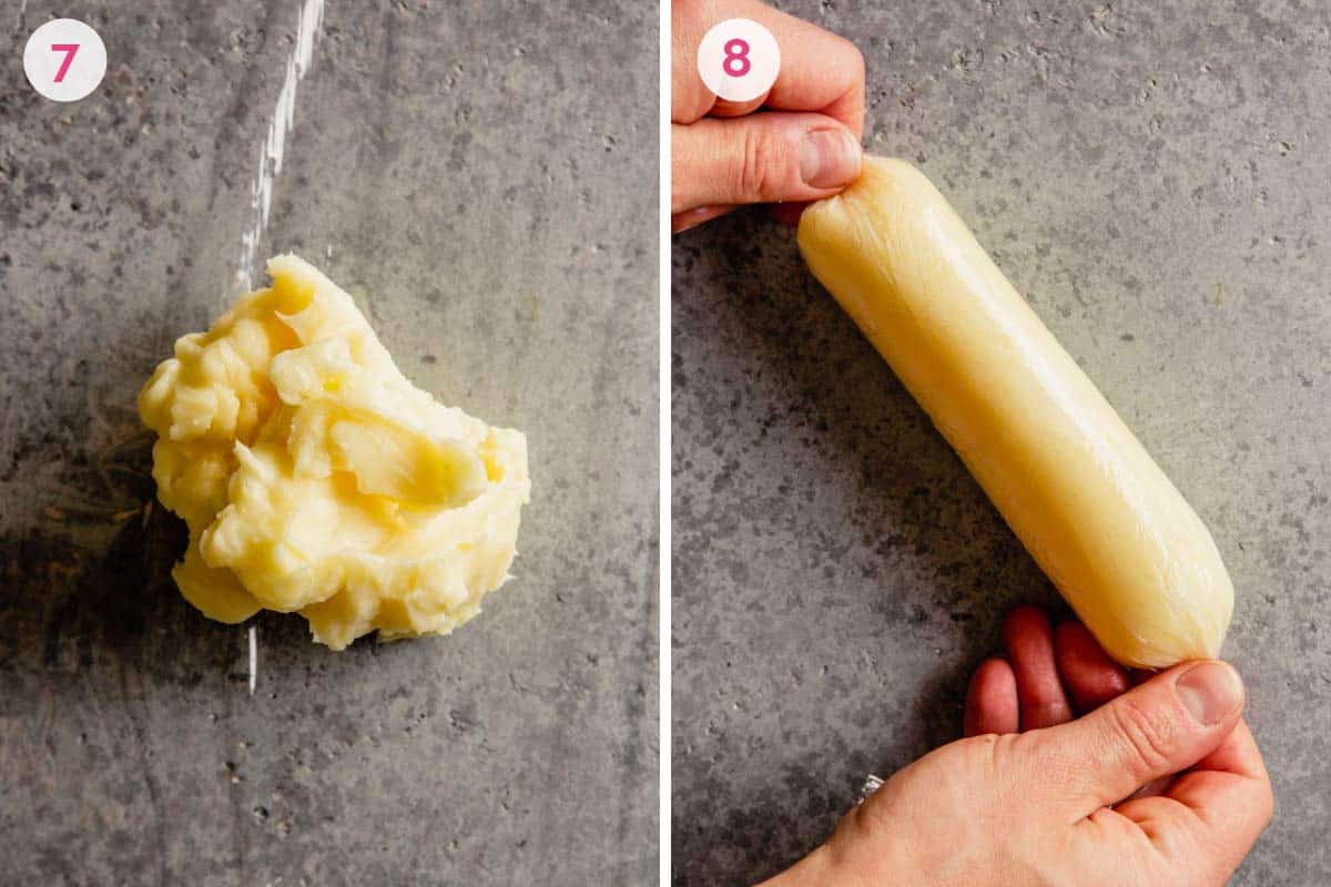 Two side by side pictures of making honey compound butter.