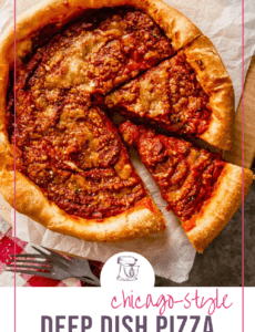 Top down photo of deep-dish pizza with two slices and the words Chicago-style deep dish pizza at the bottom.