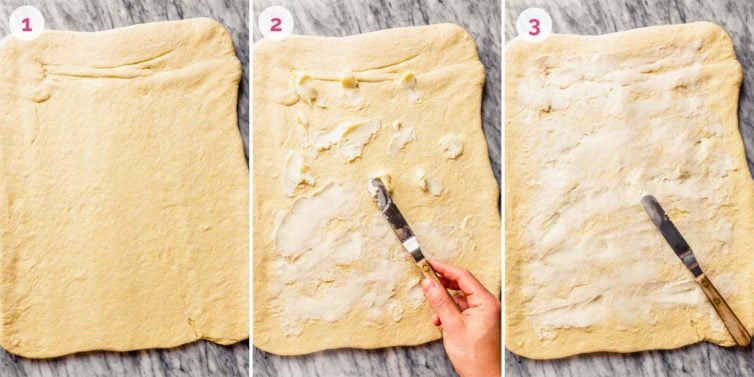 The dough rolled out on the left, spreading the butter in the middle, and the dough with all of the butter spread on the right.