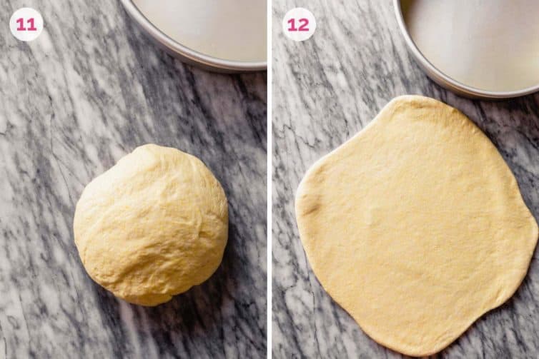 Dough after rising on the left and dough rolled out into a circle on the right.