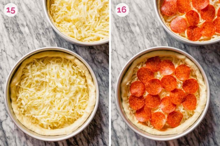 Deep dish pizza dough with cheese on the left and deep dish pizza topped with pepperoni on the right.
