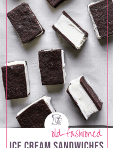 Ice cream sandwiches on a piece of parchment paper with the words Old-Fashioned Ice Cream Sandwiches at the bottom.