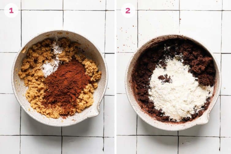 Two side by side photos of how to make the chocolate cookie dough.