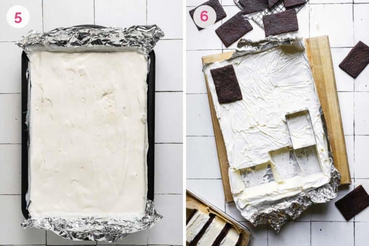 Ice cream freezing in a baking pan on the left and cutting and assembling the ice cream sandwiches on the right.