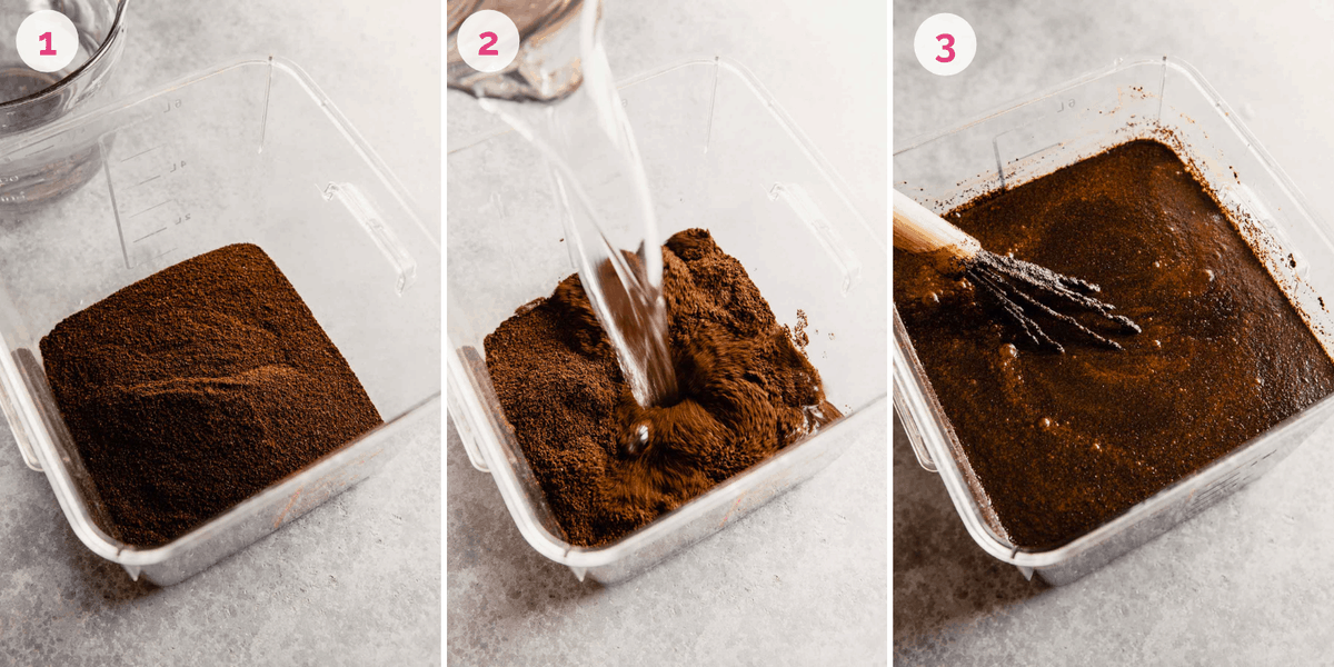 Three side by side photos of the process of brewing the coffee for iced coffee.