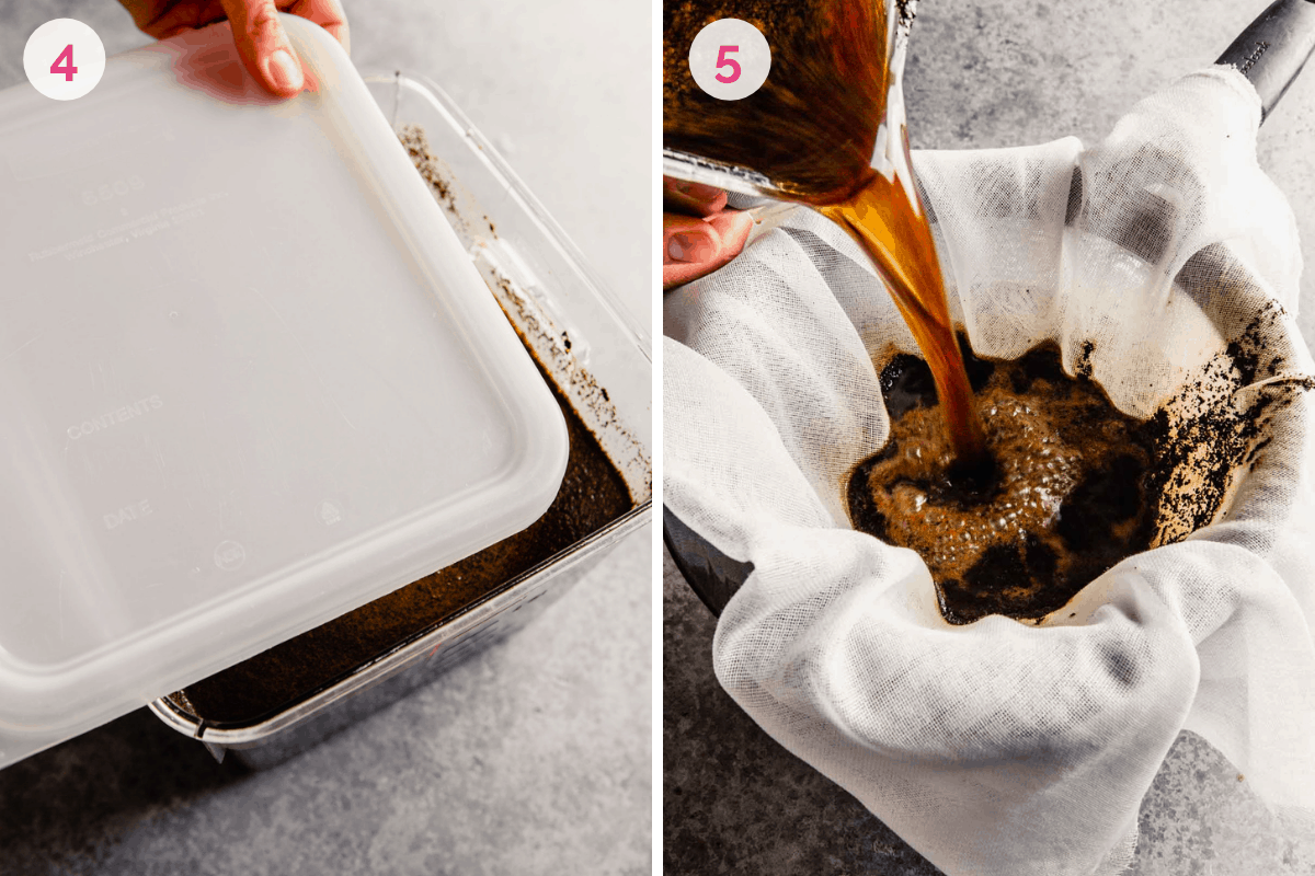 Two side by side photos showing how to strain the coffee after resting.