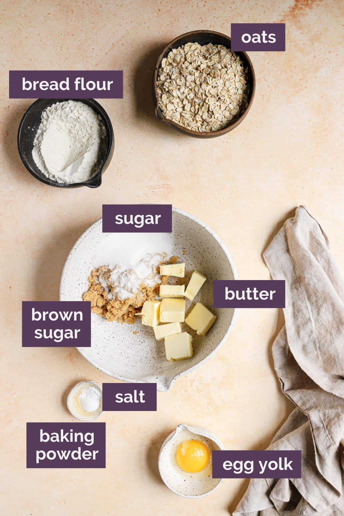 Ingredients for the oat crust labeled with purple labels,