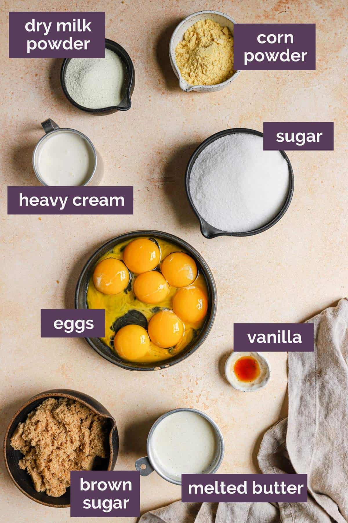 Ingredients for crack pie filling in bowls with purple labels naming each ingredient.