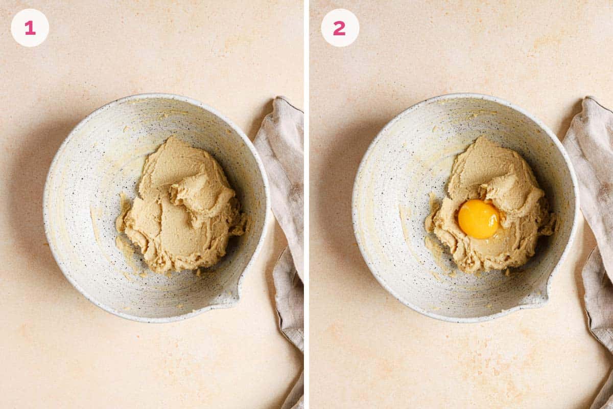 Side by side mixing bowls showing the steps for creaming butter and sugar and adding egg yolk to the oat cookie,