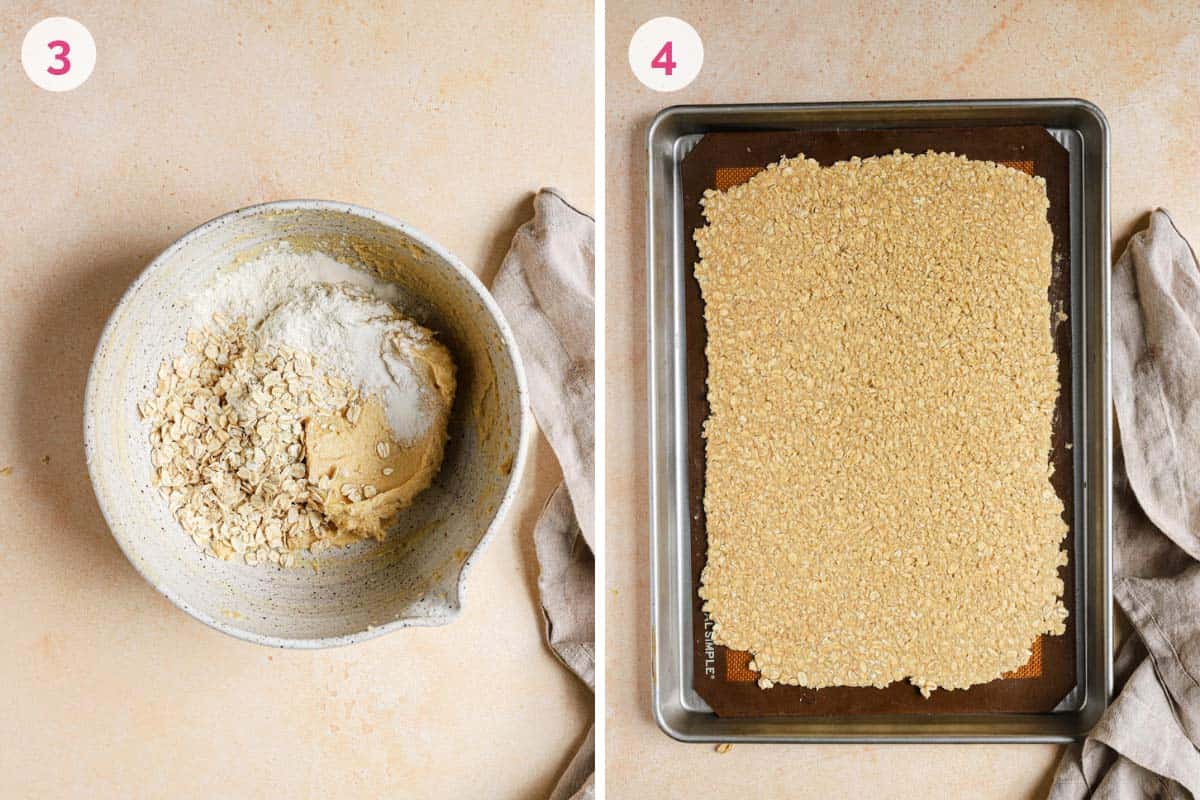 Side by side photos of making the at cookie dough on the left and baking the oat cookie dough on the right.