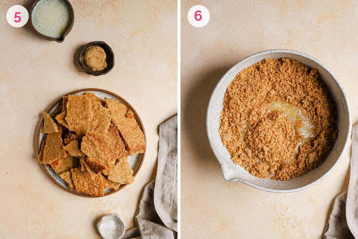 Side by side photos of making the oat cookie crust with the ingredients on the left and the cookie crumble in a bowl on the right.