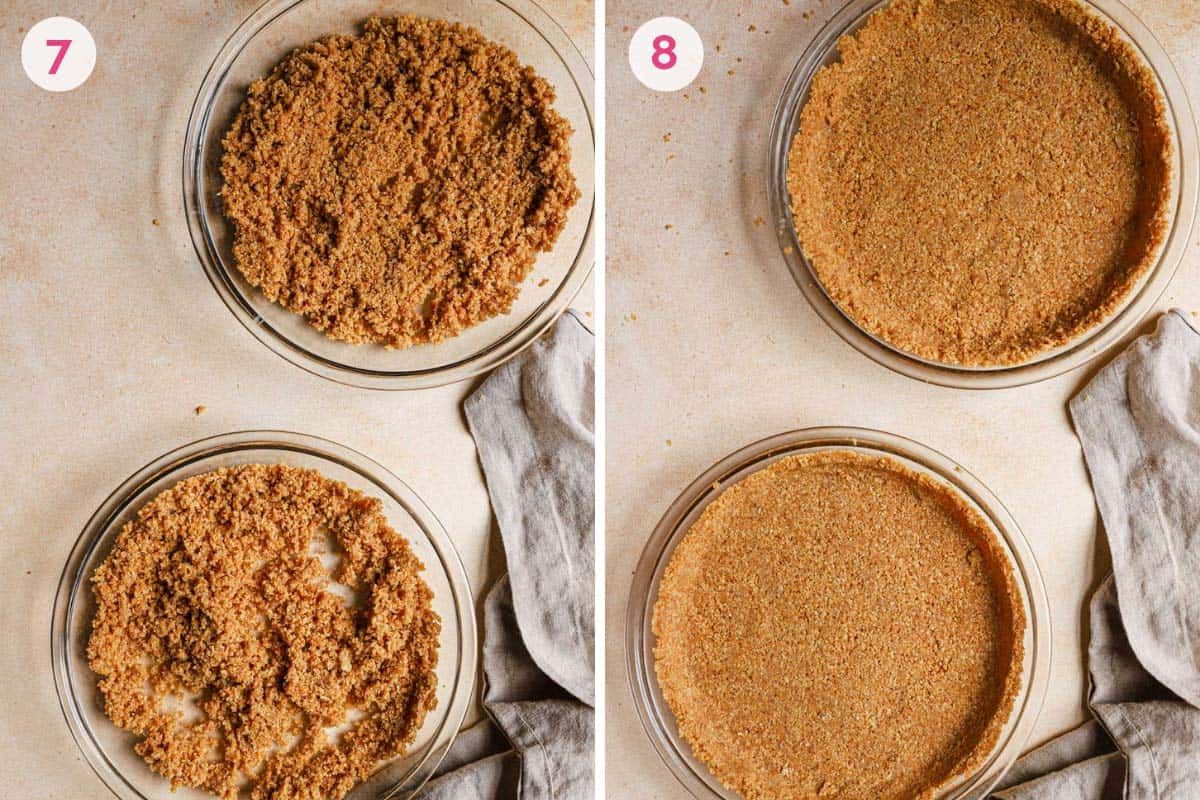 Side by side photos of pressing the oat cookie crust with the crumbs in the pans on the left and pressed oat cookie crusts on the right.