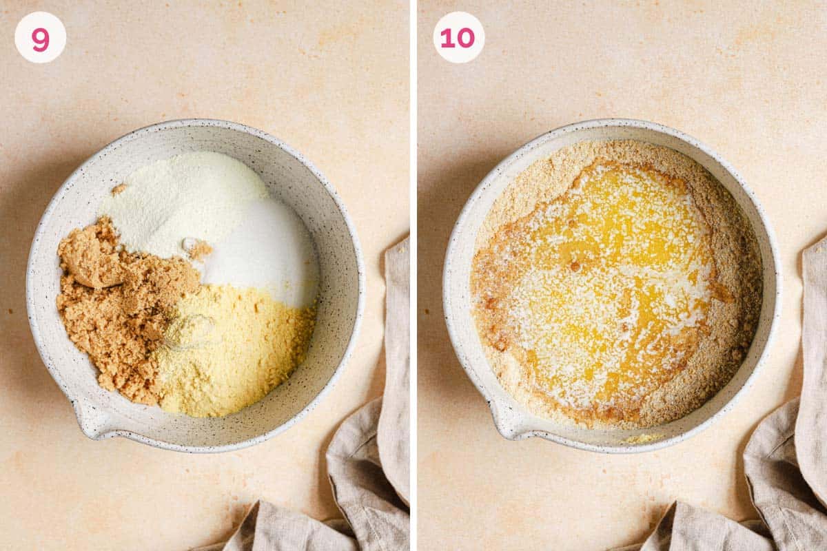 Side by side photos of mixing bowls preparing the filling for the crack pie.