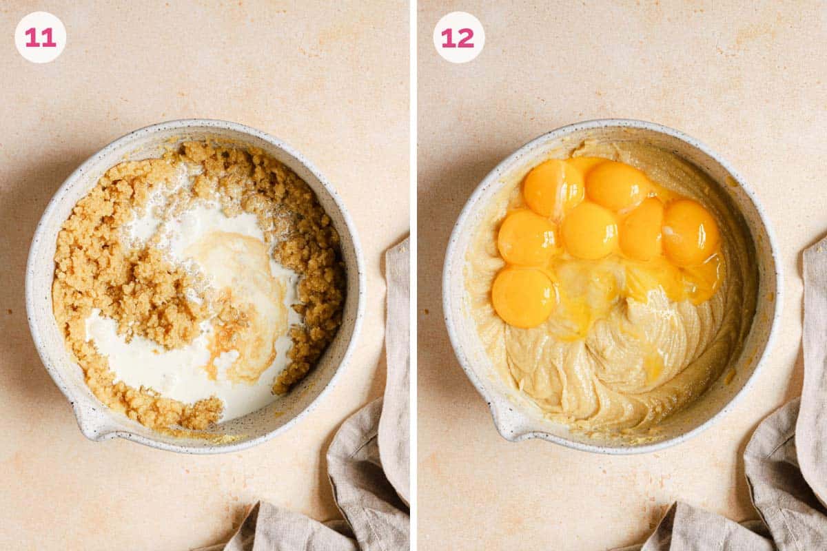 Side by side photos of adding heavy cream on the left and egg yolks on the right for the crack pie filling.