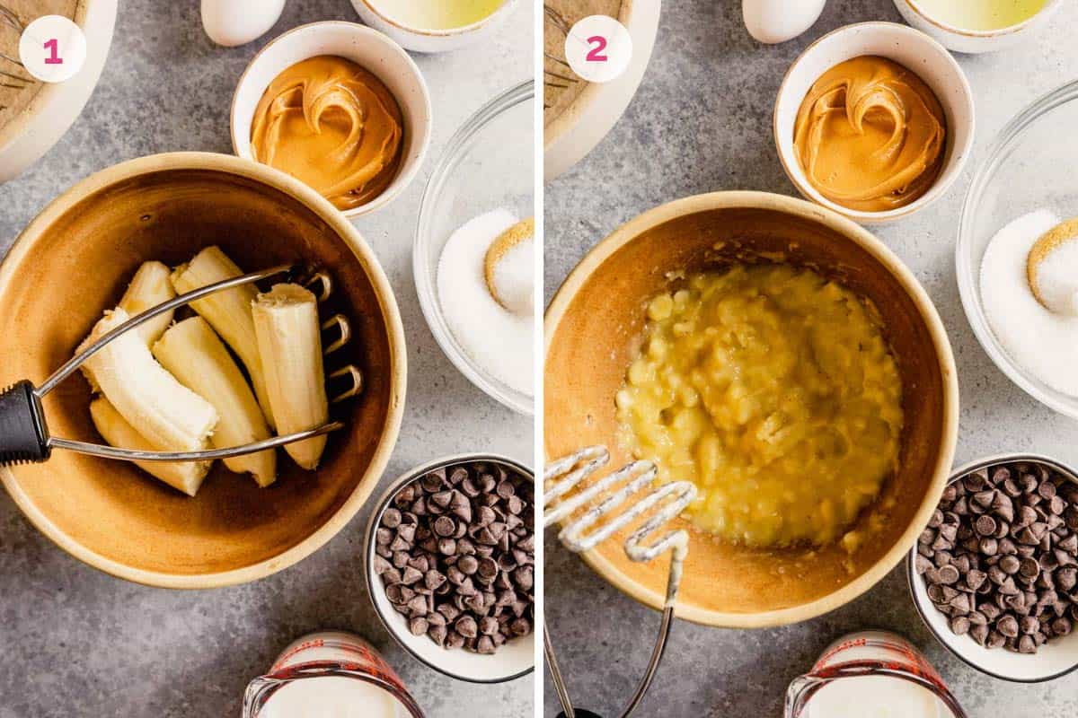 Side by side photos of ingredients for peanut butter banana bread.