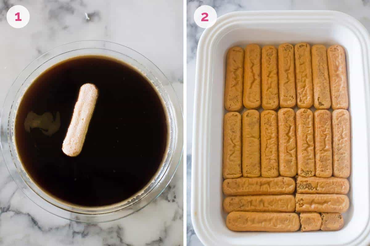 A bowl with the coffee mixture on the left with the number one and a rectangular baking dish on the right with soaked lady fingers and the number 2.