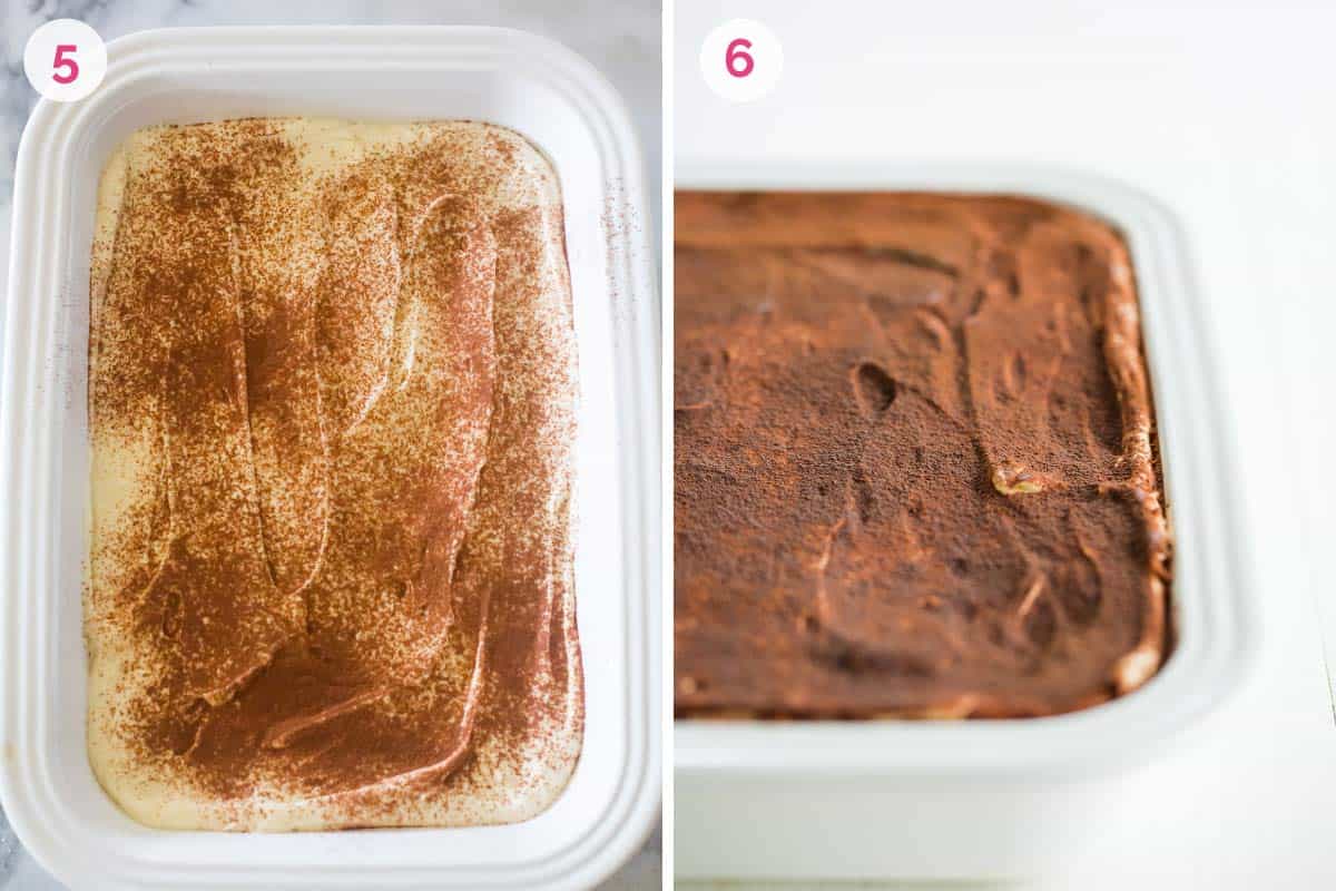 Two side by side photos. The one on the left shows the number 5 and a layer of mascarpone topped with cocoa powder the one on the right shows the number 6 and the finished tiramisu in the dish.