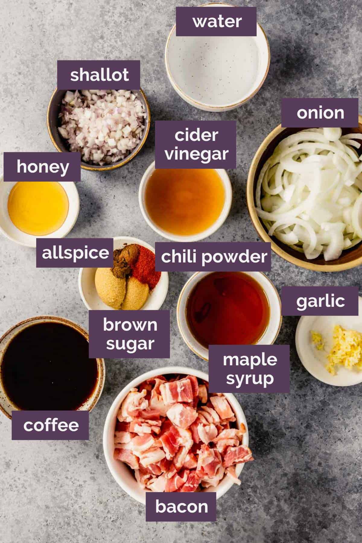 Ingredients for bacon jam labeled with purple tags naming each ingredient.