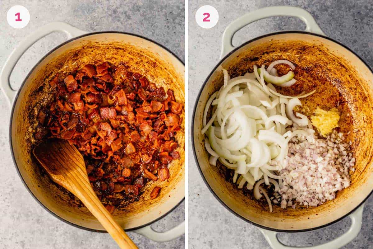 Side by side photos of a dutch oven with bacon bits cooking on the left and aromatics cooking on the right.