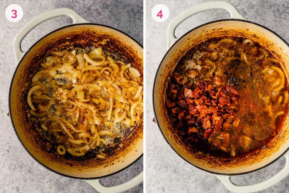 Side by side photos of a dutch oven with the caramelized onions on the left and the bacon added in on the right.