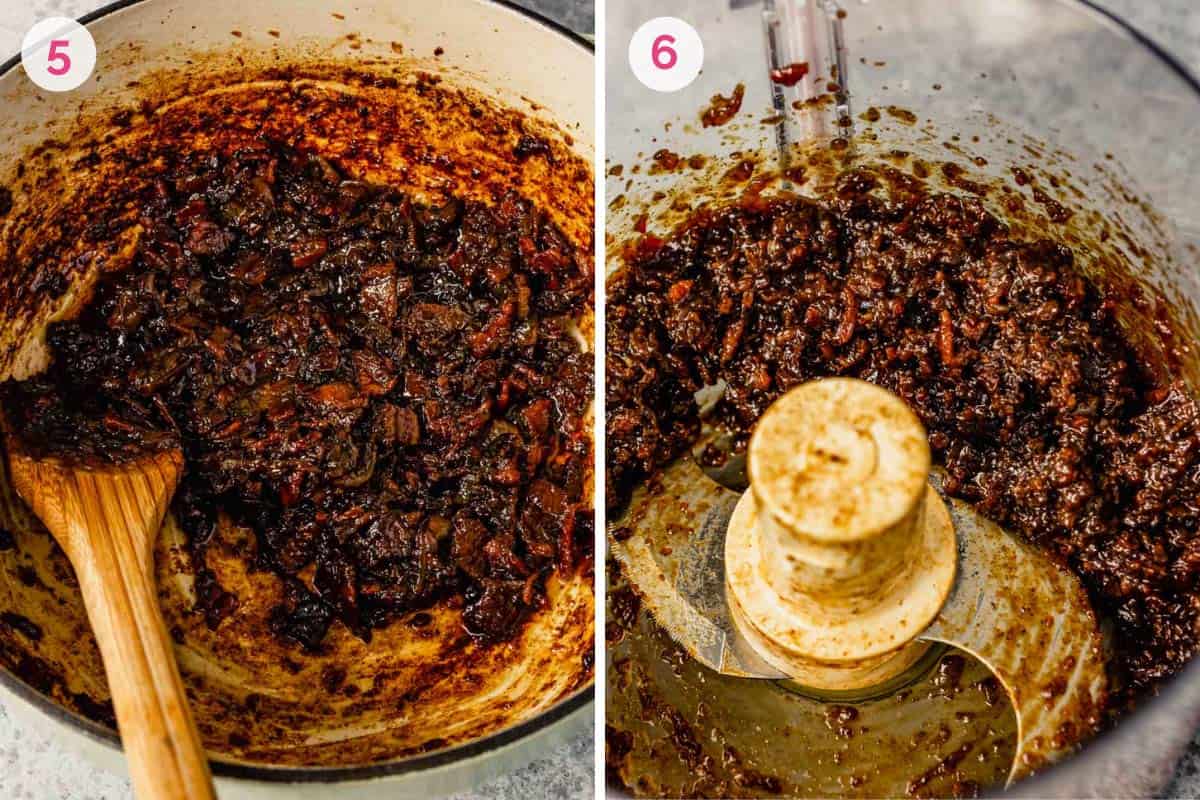 Side by side photos of the finished bacon jam on the left and chopping the bacon jam in a food processor on the right.
