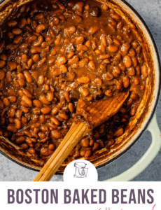 A white dutch oven with baked beans and a wooden spoon with the words Boston Baked Beans with Bacon at the bottom.
