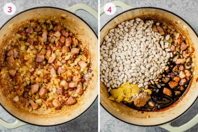 Side by side photos of a white dutch oven with aromatics on the left and all other ingredients added on the right.
