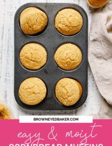 Six cornbread muffins in a non-stick muffin time with the words easy and moist cornbread muffins in pink at the bottom.