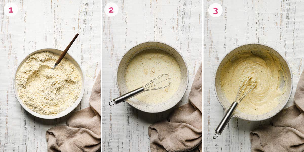 Three side by side photos of the steps for making cornbread muffins.