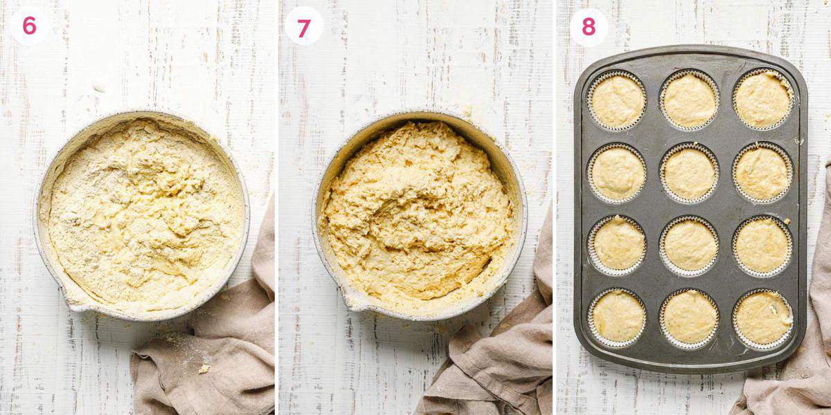 Three side by side photos of the steps for making cornbread muffins with the ingredients in a bowl and unbaked muffins in a tin.
